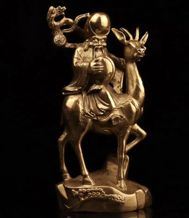 China brass longevity Buddha Ride deer crafts statue