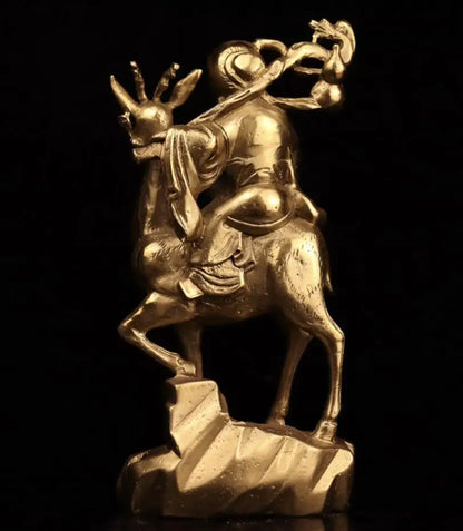 China brass longevity Buddha Ride deer crafts statue