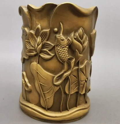 China brass lotus fish pen cylinder crafts statue