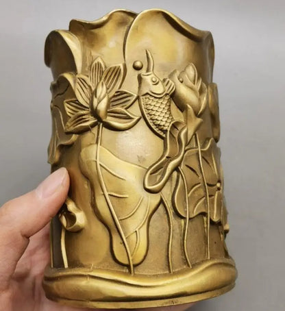 China brass lotus fish pen cylinder crafts statue