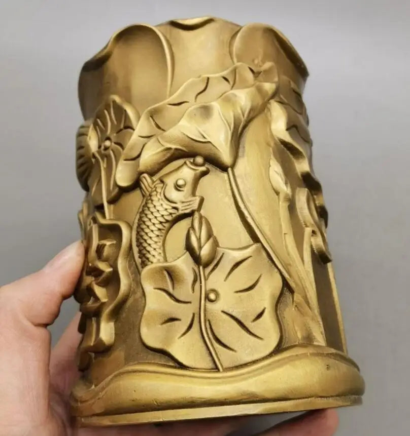 China brass lotus fish pen cylinder crafts statue