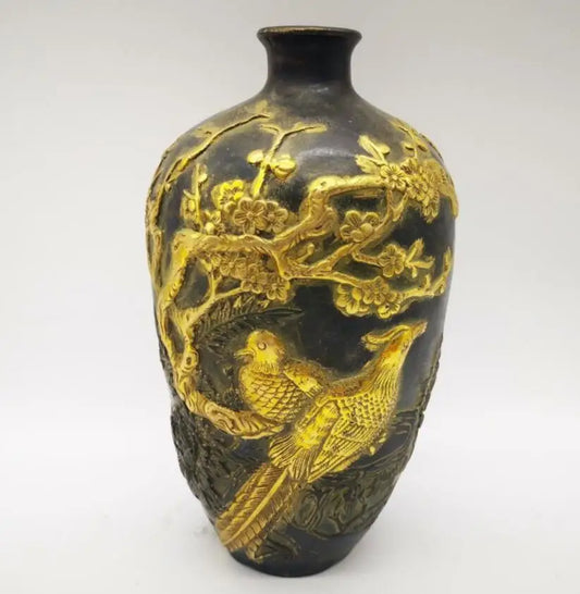 China brass magpies Plum blossom vase crafts statue