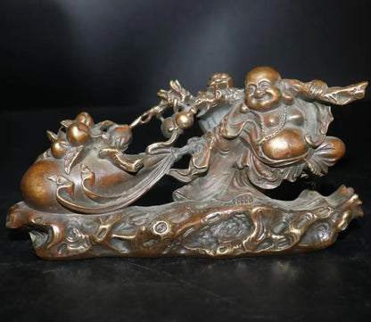 China brass maitreya Buddha Pull money bag crafts statue