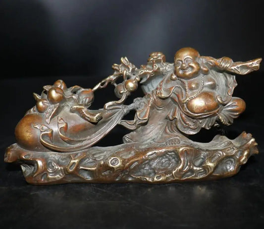 China brass maitreya Buddha Pull money bag crafts statue