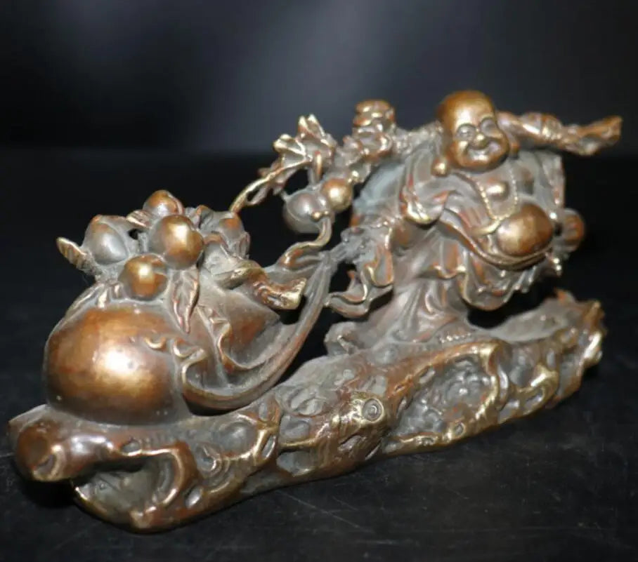 China brass maitreya Buddha Pull money bag crafts statue
