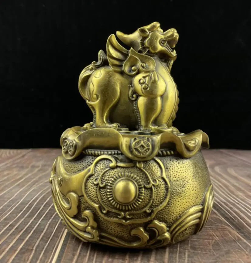 China brass mythical wild animal treasure bowl crafts statue