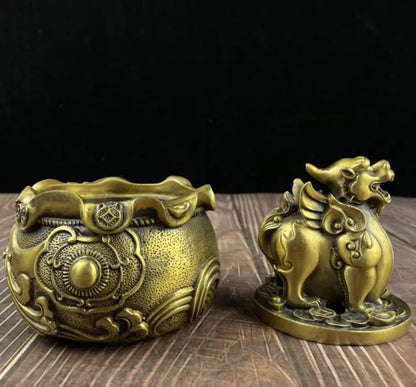 China brass mythical wild animal treasure bowl crafts statue