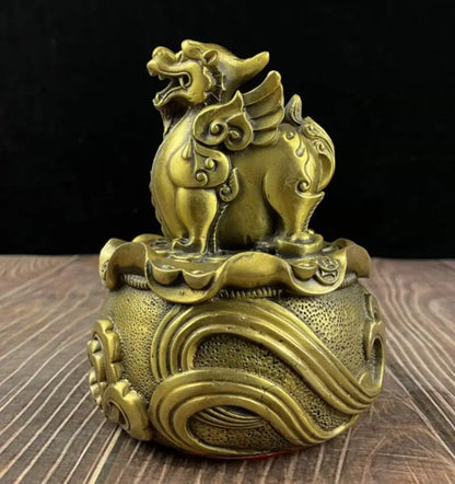 China brass mythical wild animal treasure bowl crafts statue