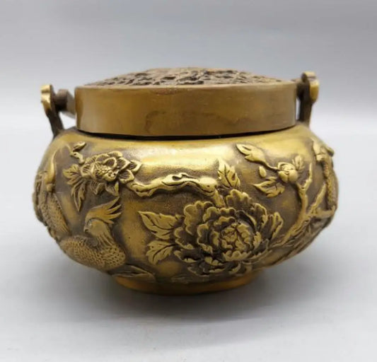 China brass phoenix peony incense burner crafts statue