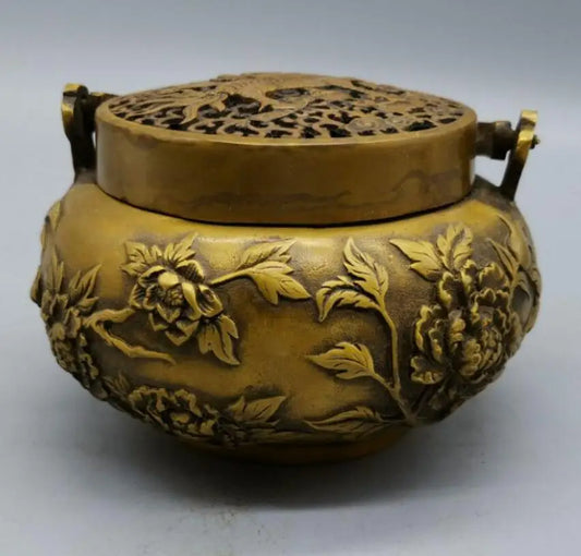 China brass phoenix peony incense burner crafts statue