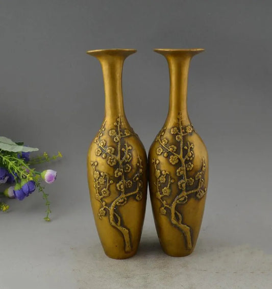 China brass plum blossom vase crafts statue A pair