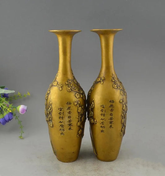 China brass plum blossom vase crafts statue A pair