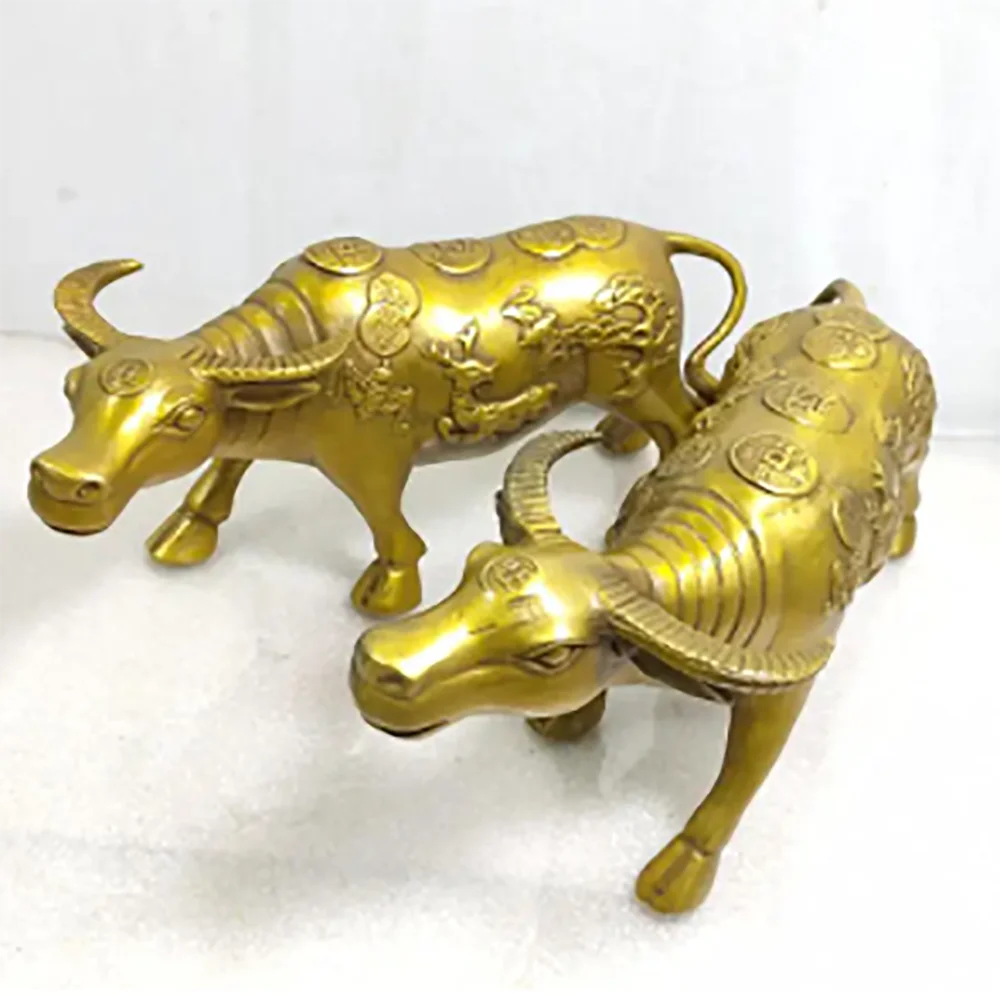 China brass recruit wealth cow crafts statue A pair