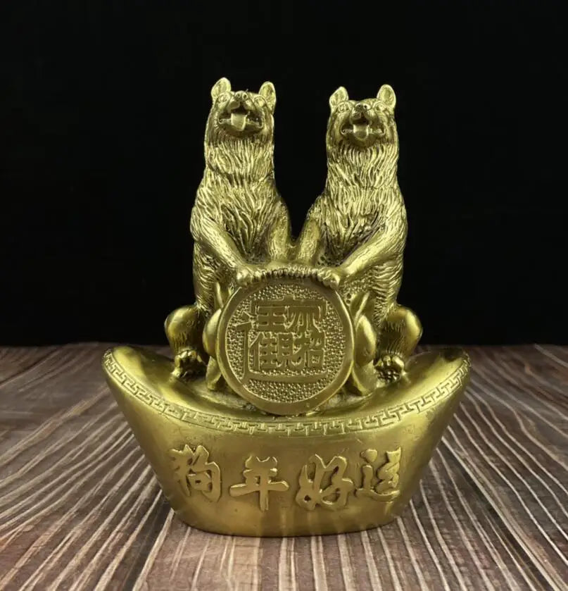 China brass recruit wealth double dog crafts statue