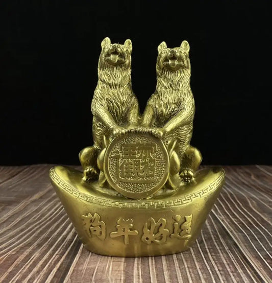 China brass recruit wealth double dog crafts statue