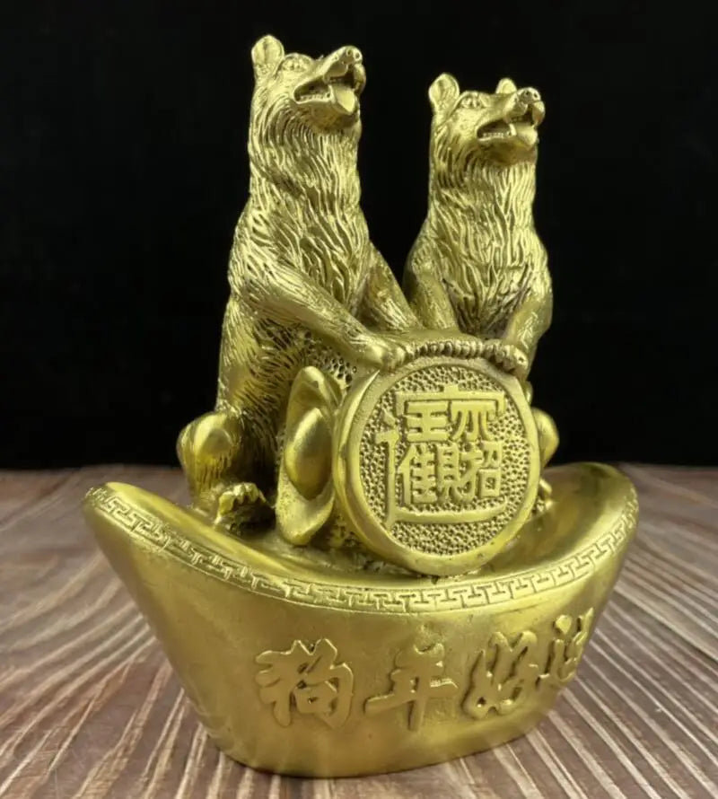 China brass recruit wealth double dog crafts statue