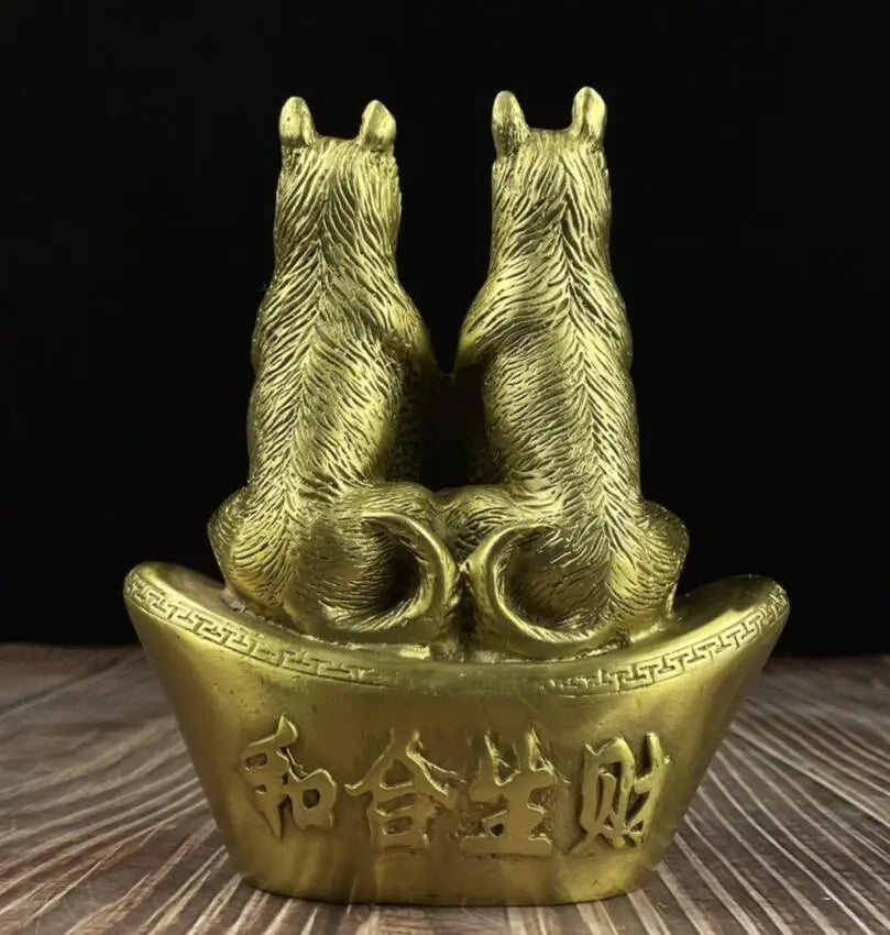 China brass recruit wealth double dog crafts statue