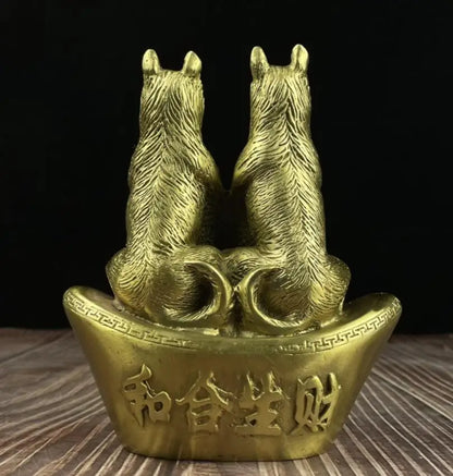 China brass recruit wealth double dog crafts statue