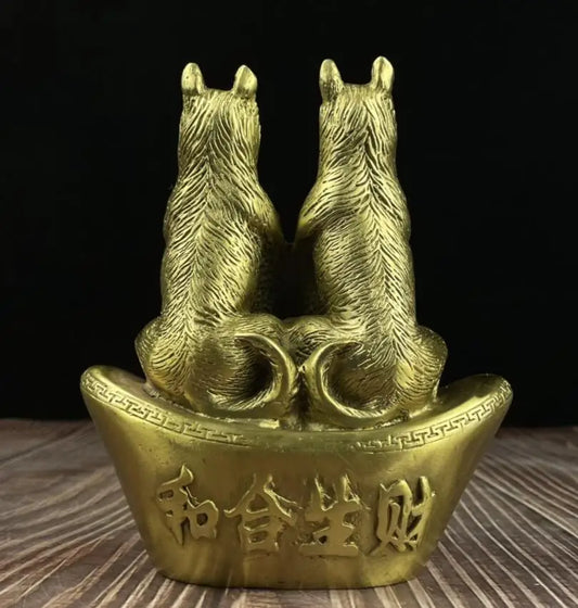 China brass recruit wealth double dog crafts statue