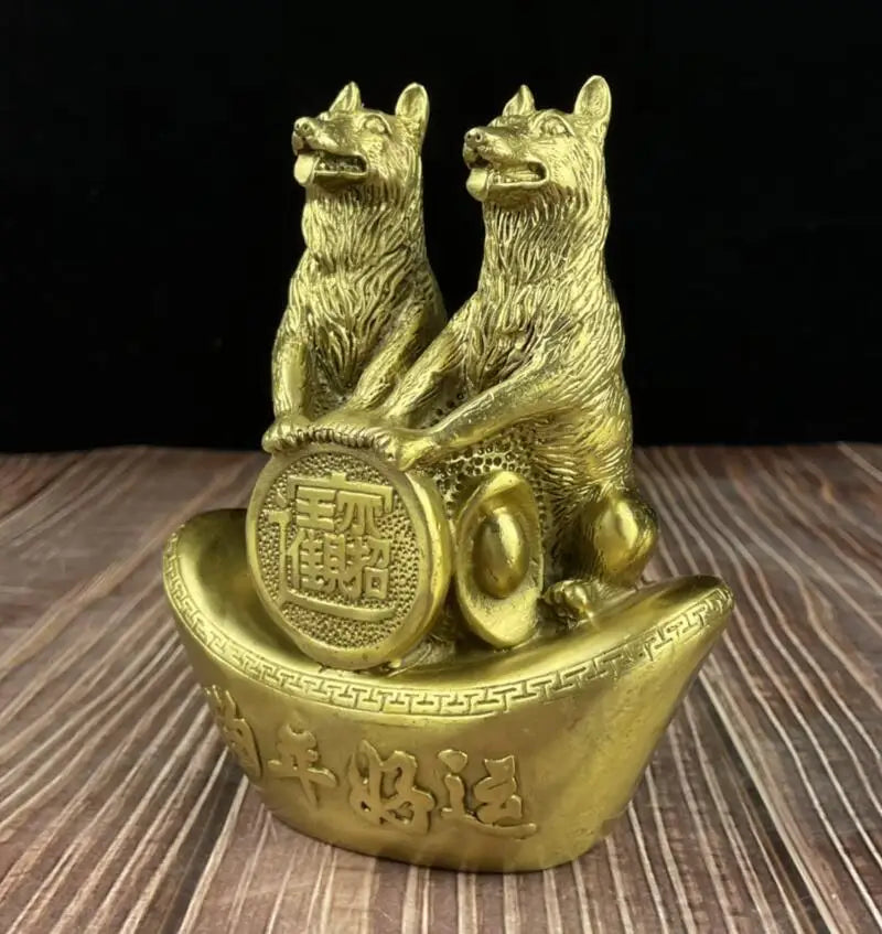 China brass recruit wealth double dog crafts statue