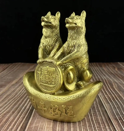 China brass recruit wealth double dog crafts statue