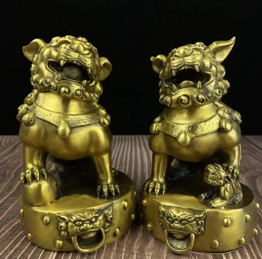 China brass recruit wealth lion crafts statue A pair