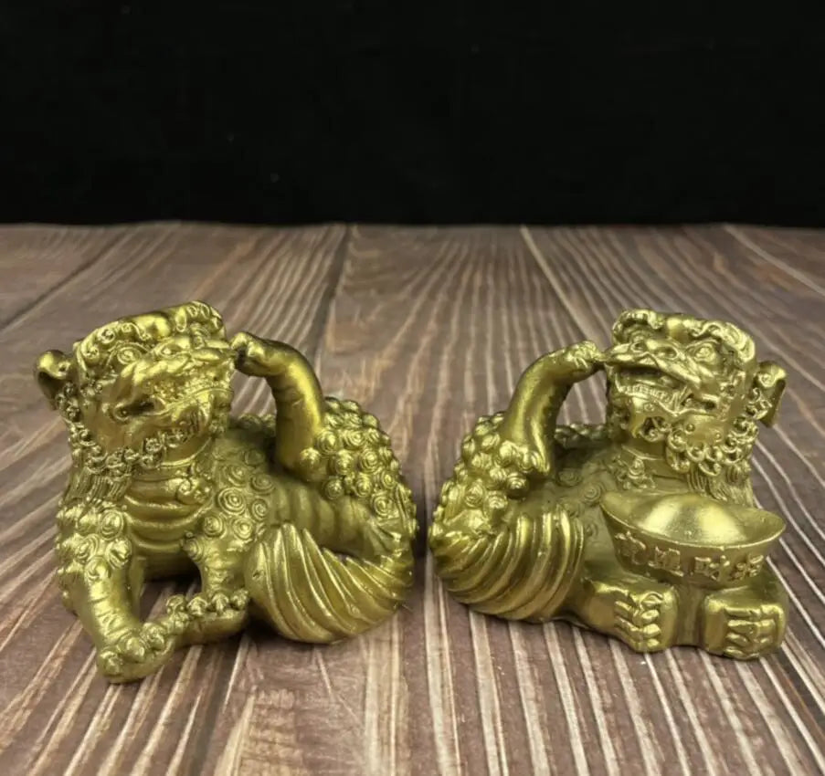 China brass recruit wealth lion crafts statue A pair