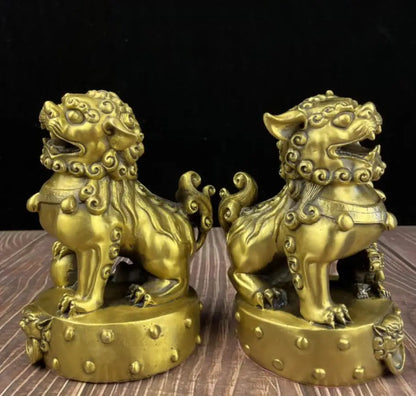China brass recruit wealth lion crafts statue A pair