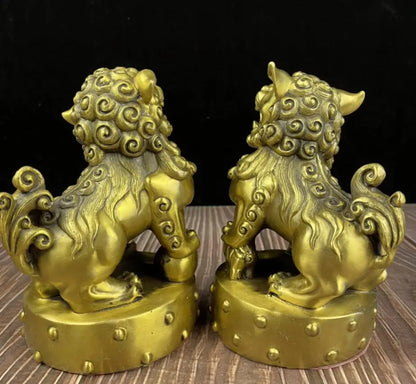 China brass recruit wealth lion crafts statue A pair