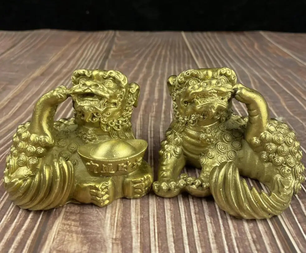 China brass recruit wealth lion crafts statue A pair