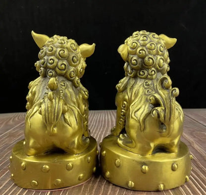 China brass recruit wealth lion crafts statue A pair