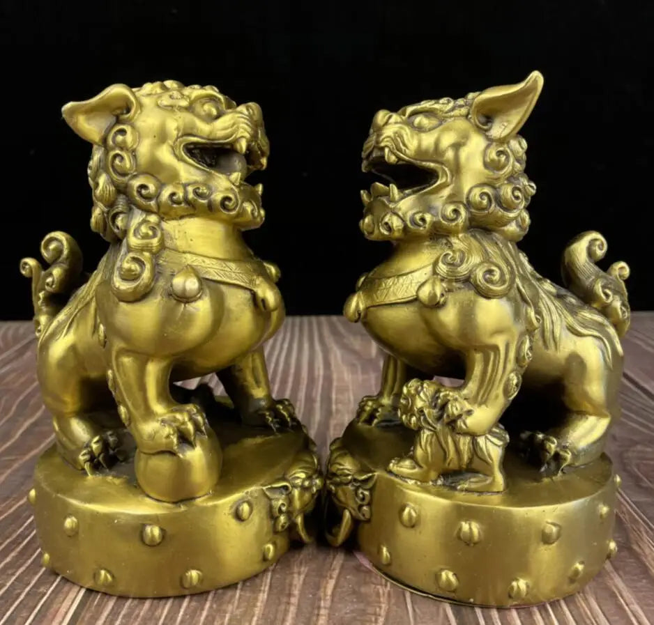 China brass recruit wealth lion crafts statue A pair