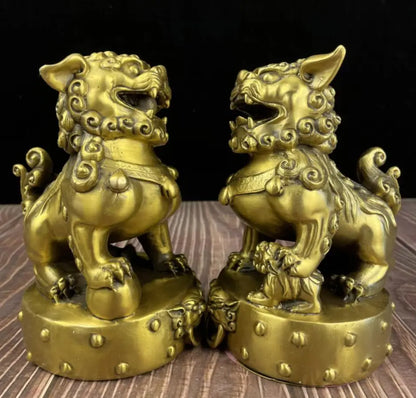 China brass recruit wealth lion crafts statue A pair