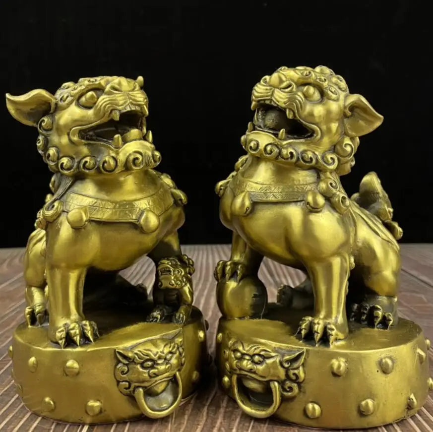 China brass recruit wealth lion crafts statue A pair