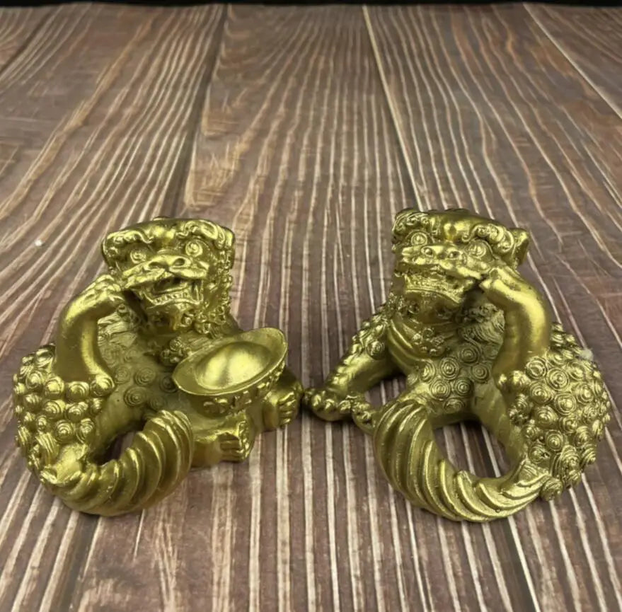 China brass recruit wealth lion crafts statue A pair