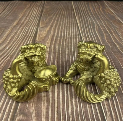 China brass recruit wealth lion crafts statue A pair