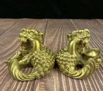 China brass recruit wealth lion crafts statue A pair