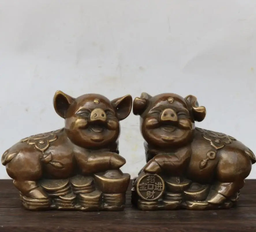 China brass recruit wealth pig crafts statue A pair