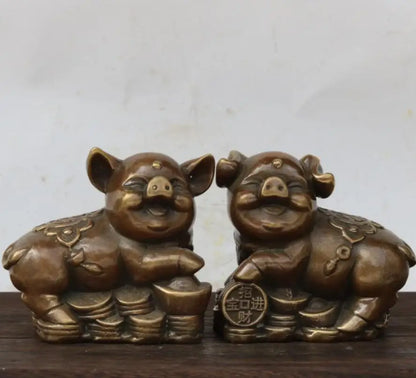 China brass recruit wealth pig crafts statue A pair