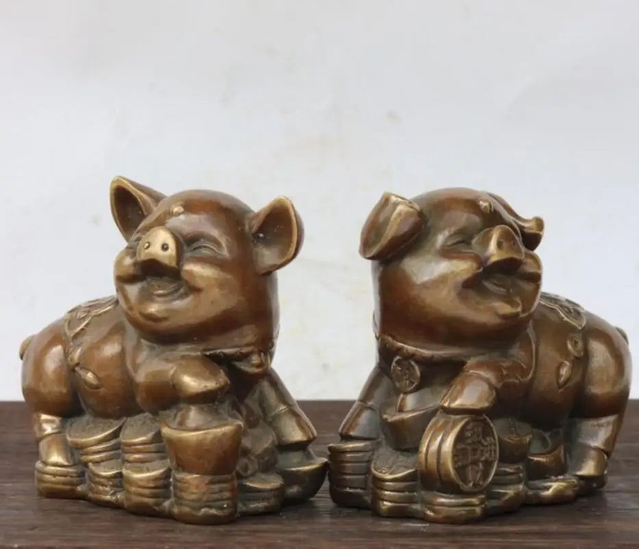 China brass recruit wealth pig crafts statue A pair