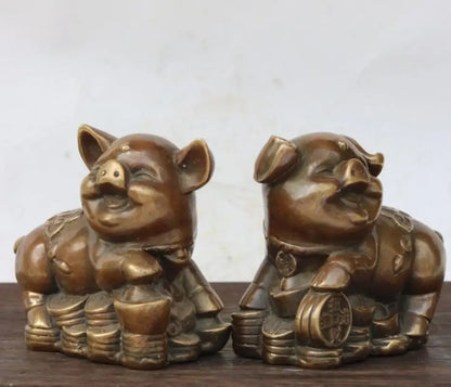 China brass recruit wealth pig crafts statue A pair