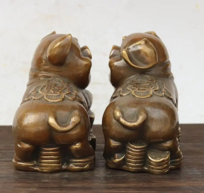 China brass recruit wealth pig crafts statue A pair
