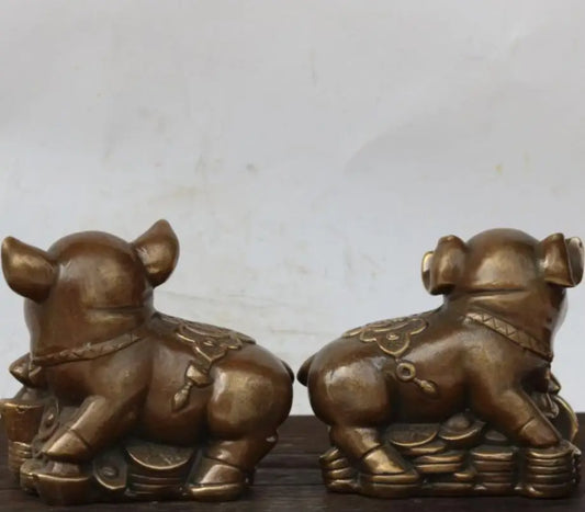 China brass recruit wealth pig crafts statue A pair