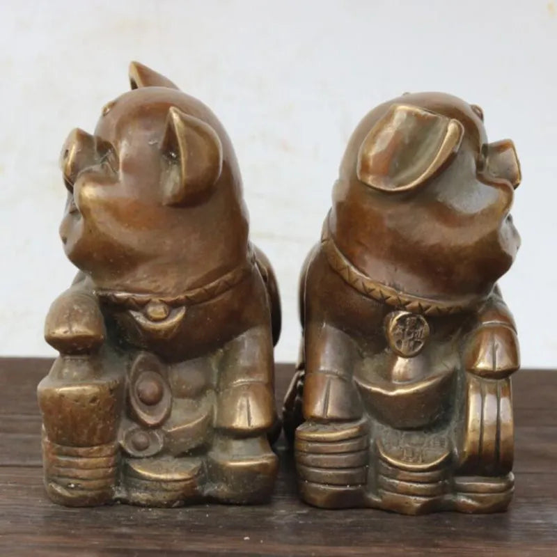 China brass recruit wealth pig crafts statue A pair