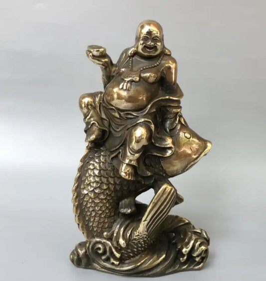 China brass ride fish maitreya Buddha crafts statue