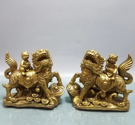 China brass seiko child ride kirin crafts statue A pair