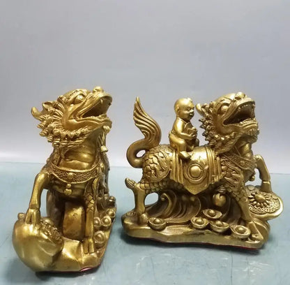 China brass seiko child ride kirin crafts statue A pair