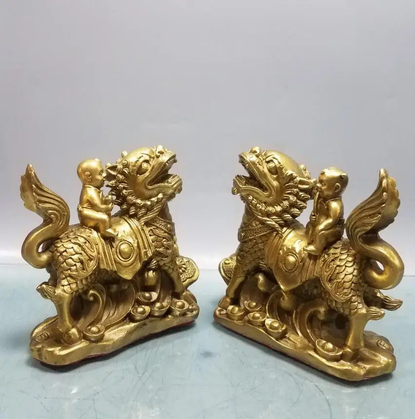 China brass seiko child ride kirin crafts statue A pair