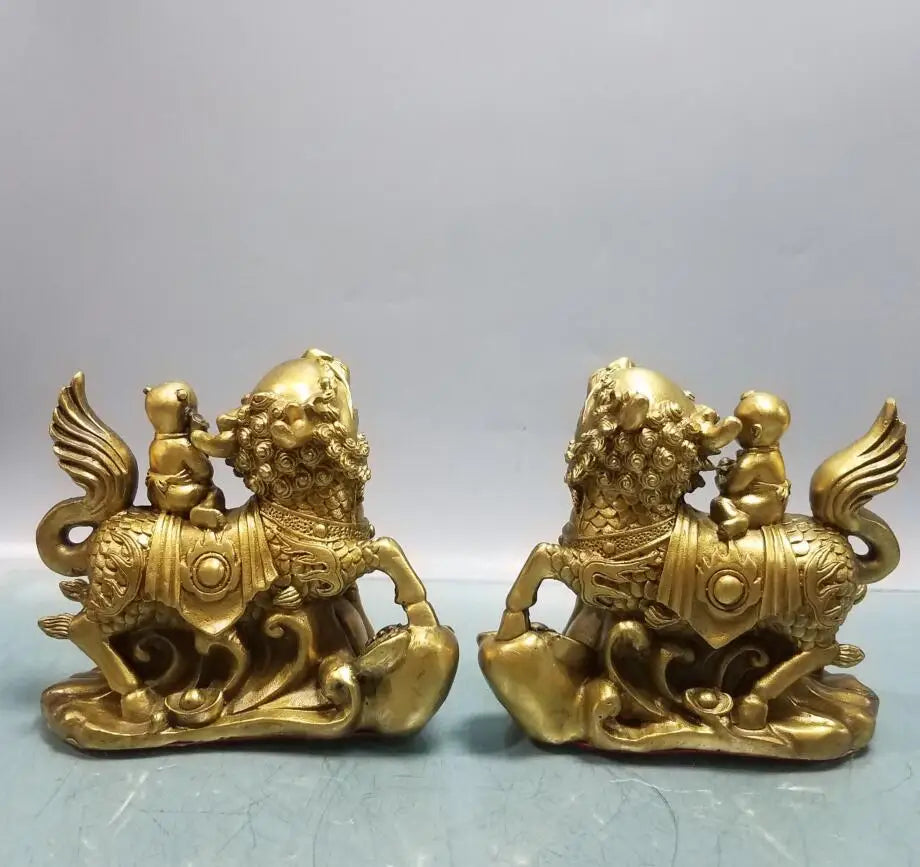 China brass seiko child ride kirin crafts statue A pair