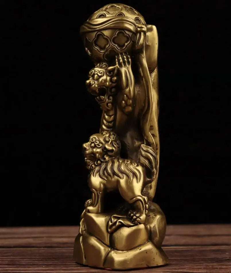 China brass seiko double lion Play ball crafts statue